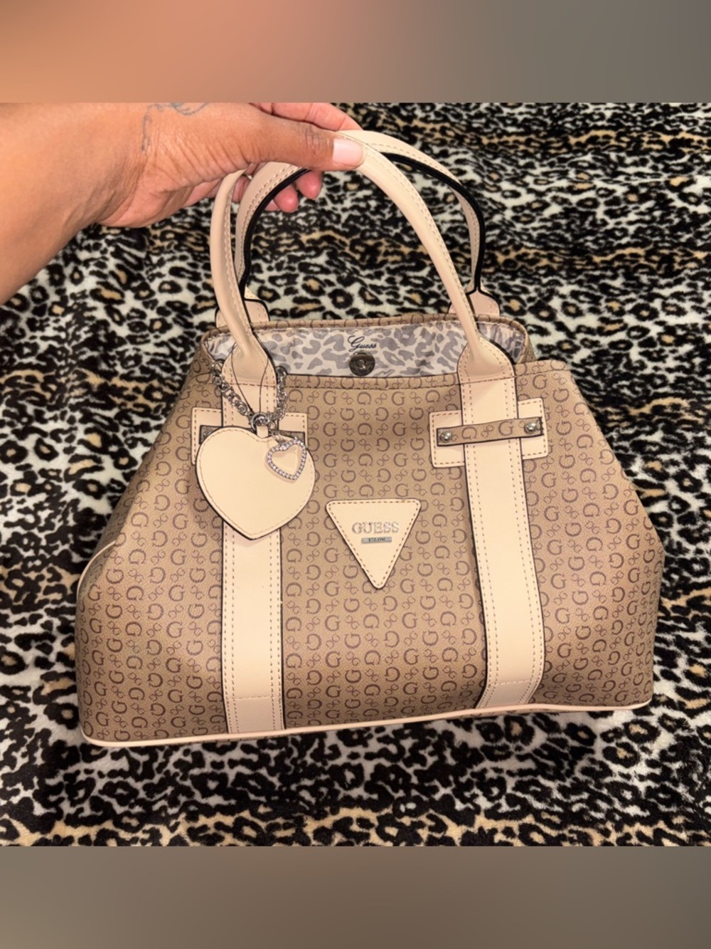 GUESS Tan Monogram Satchel with Cream Trim and Heart Charm